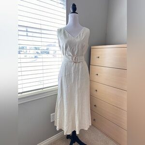 MOTF Cream V-Neck Linen Maxi Dress with Waist Tie-0017